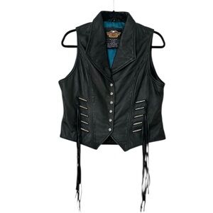 Harley-Davidson Leather Snap Front Fringe Detail Vest Womens Medium Black